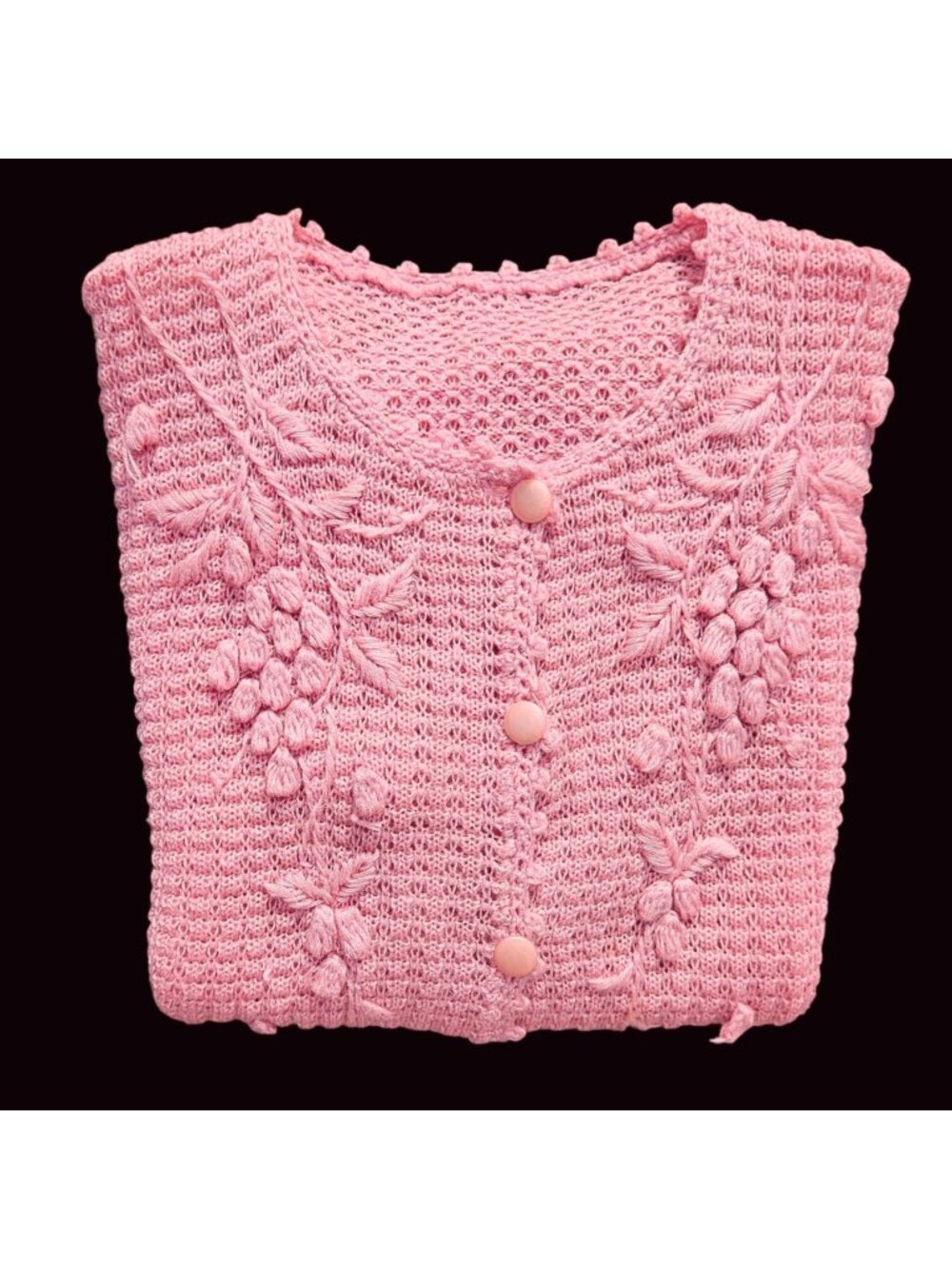 Vintage 70s Japanese Pastel Pink Lace Knit Floral Cardigan Top M Sakura Flowers - Picture 2 of 11